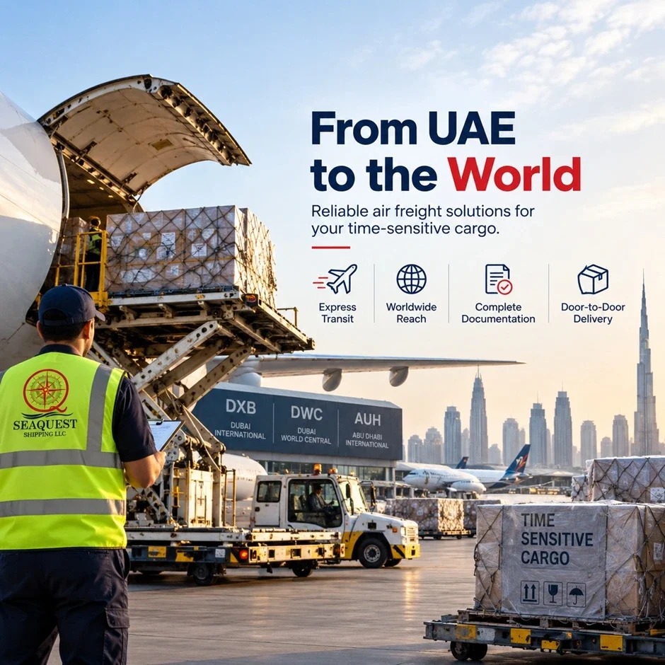 Air freight services in UAE with cargo aircraft, airport cargo handling, and Dubai skyline 